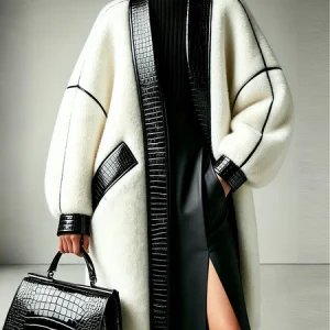 Casual Loosen Split Joint Color Block V Neck Coat No Belt, Coats, color:Black-white|size:XXL, Stylewe