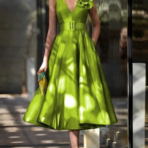 Elegant Plain 3D Floral V Neck Midi Party Dress With Belt, Midi Dresses, color:As Picture|size:XXL, Stylewe