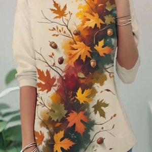 Women Maple Leaf Long Sleeve Tee T-shirt Crew Neck Casual Spring/Fall Tunic Top, JustFashionNow T-Shirts, color:Apricot|size:XXL,