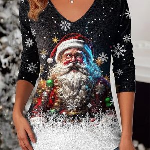 Casual Christmas V Neck Long Sleeve T-shirt, T-shirts, color:Black|size:3XL, catalog Noracora shop