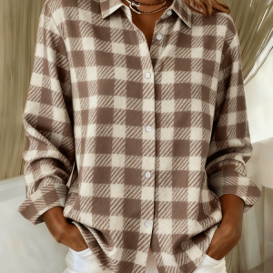 Shirt Collar Regular Sleeve Long Sleeve Plaid Buckle Regular Loose Button Up Shirt Shirt For Women, Shirts, color:Light Brown|size:XXL, catalog Noracora shop