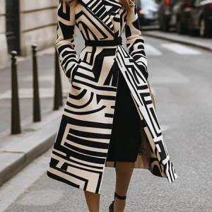 Urban  Lapel Collar Geometric Regular Fit Coat With Belt, Coats, color:As Picture|size:XXL, Stylewe