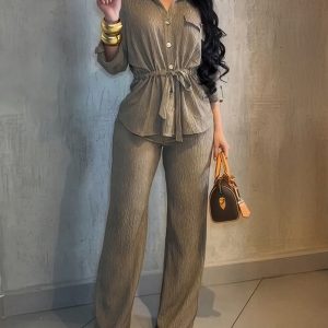 2 Pieces Outfit Vintage Turn-down Collar Roll Up Sleeve Button Front Flap Pocket Design Waist Drawstring Top and Elastic Waist Wide Leg Pants Set Casual Textured Commuting Set, women Two-piece Sets, ChicMe catalog