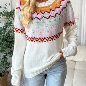 Women Cotton Geometric Long Sleeve Comfy Casual Sweater, Sweaters, color:White|size:L, catalog Noracora shop
