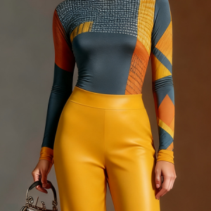 Urban Geometric Mock Neck T-shirt, Tees, color:As Picture|size:XXL, Stylewe