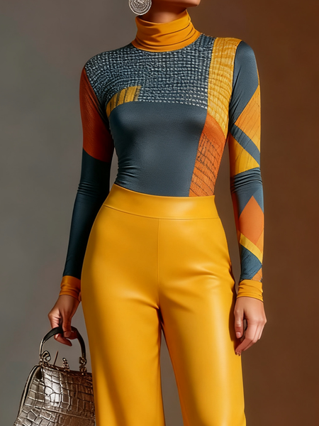 Urban Geometric Mock Neck T-shirt, Tees, color:As Picture|size:XXL, Stylewe