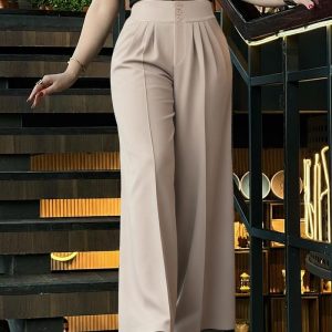 Stylish Plain High Waist Adjustable Button Pants Casual Back Shirred Wide Leg Pants with Pockets, women Pants, ChicMe catalog