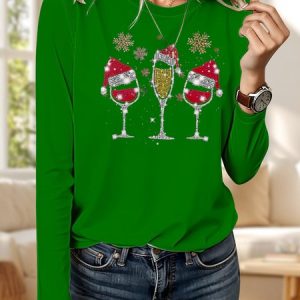 Vintage Christmas Crew Neck Long Sleeve T-shirt, T-shirts, color:Green|size:3XL, catalog Noracora shop