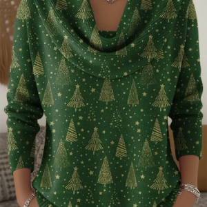 Women Christmas Printing Spring/Fall Casual Long Sleeve Cowl Neck Sweater, JustFashionNow Sweaters, color:Green|size:3XL,
