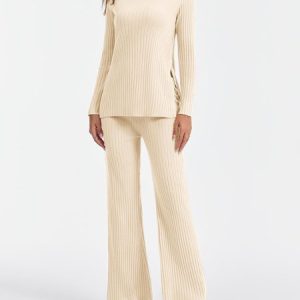Crew Neck Cotton Casual Pajama Set, Jumpsuits&Rompers, color:Apricot|size:XXL, catalog Noracora shop