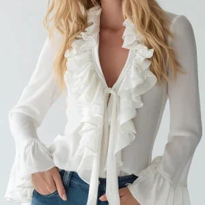 Chiffon Urban Plain Lace-up Blouse, Blouses and Shirts, color:White|size:XXL, Stylewe