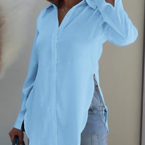 Classic Plain Long Sleeve Blouse with Turn-down Collar Casual Button Front Slit Top, women Blouses & Shirts, ChicMe catalog