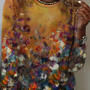 Women Floral Long Sleeve Tee T-shirt Crew Neck Printing Casual Spring/Fall Graphic Tee Top, JustFashionNow T-Shirts, color:Yellow Brown|size:XXL,