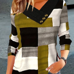 Women Abstract Long Sleeve Tee T-shirt Cross Neck Printing Casual Spring/Fall Top, JustFashionNow T-Shirts, color:Tan|size:4XL