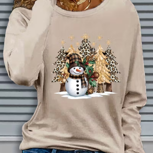 Casual Christmas Snowman Crew Neck Long Sleeve T-shirt, T-shirts, color:Khaki|size:XXL, catalog Noracora shop