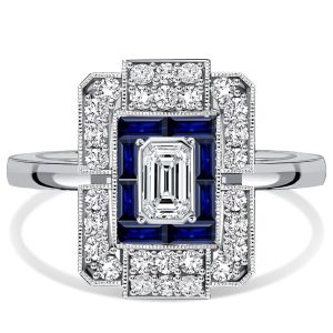 unique engagement rings - Italo Elongated Antique Baguette Cut White & Blue Sapphire Ring, Italo jewelry - Online Catalog