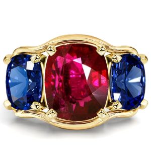 unique engagement rings - Italo Split Shank Cushion Cut Three Stone Ruby Ring 5.5 Carat Ring, Italo jewelry - Online Catalog