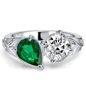 unique engagement rings - Italo Toi Et Moi Filigree Pear Cut White & Emerald Sapphire Engagement Ring, Italo jewelry - Online Catalog