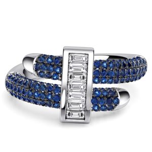unique engagement rings - Italo Micro Pave Blue Sapphire Round & Baguette Cut Unique Engagement Rings, Italo jewelry - Online Catalog