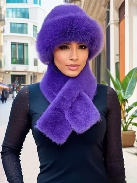 Winter Mongolian Hat, Plush Hat And Scarf For Women Thickened Warm Stylish Ear-covering Hat Faux Mink Fur 2-piece Set, JustFashionNow Women Hats, color:Purple|size:One-size,