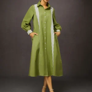 Color-Block Lace Trim Shirt Dress - Versatile Cotton-Blend for Everyday, Midi Dresses, color:Green|size:XXL, Stylewe