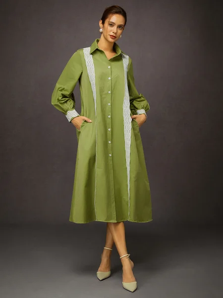 Color-Block Lace Trim Shirt Dress - Versatile Cotton-Blend for Everyday, Midi Dresses, color:Green|size:XXL, Stylewe