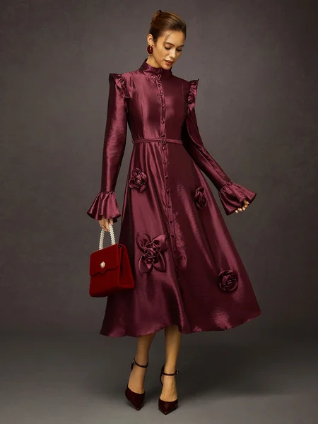 Elegant 3D Floral Sheer Ruffle Dress - Ethereal Gown for Social Events, Midi Dresses, color:As Picture|size:XXL, Stylewe