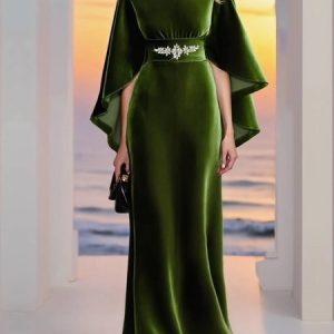 Elegant Plain Velvet Raglan Sleeves Crew Neck Maxi Dress, Maxi Dresses, color:Green|size:XXL, Stylewe