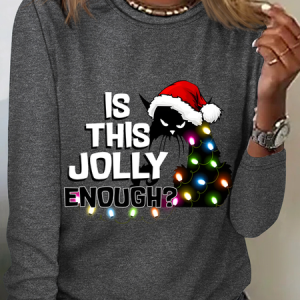 Women Christmas Long Sleeve Tee T-shirt Crew Neck Casual Spring/Fall Top, JustFashionNow T-Shirts, color:Deep Gray|size:XXL,