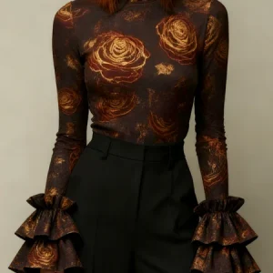 Medium Elasticity Elegant Floral Mock Neck Blouse, Blouses and Shirts, color:As Picture|size:XXL, Stylewe
