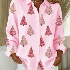 Shirt Collar Regular Sleeve Long Sleeve Christmas Buckle Regular Loose Button Up Shirt Shirt For Women, Shirts, color:Pink|size:XXL, catalog Noracora shop