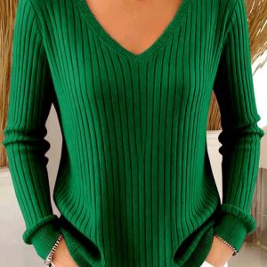 Casual Plain V Neck Long Sleeve T-shirt, Sweaters, color:darkgreen|size:XL, catalog Noracora shop