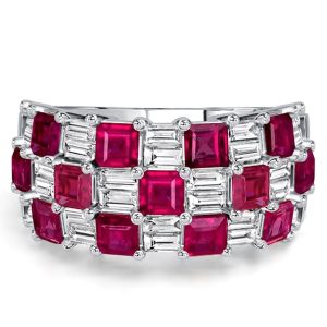 anniversary band - Italo Triple Row Shared Prong Baguette & Asscher Cut Ruby Band Ring, Italo jewelry - Online Catalog