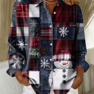 Shirt Collar Regular Sleeve Long Sleeve Christmas Snowman Buckle Regular Loose Button Up Shirt Shirt For Women, Shirts, color:Blue|size:XXL, catalog Noracora shop