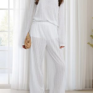 Crew Neck Casual Pajama Set, Jumpsuits&Rompers, color:White|size:L, catalog Noracora shop