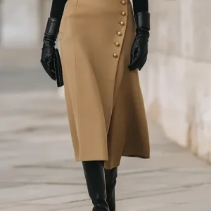 Elegant Buttoned Plain Midi Skirt No Belt, Skirts, color:Brown|size:XXL, Stylewe