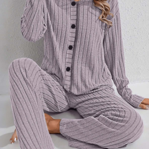 Autumn And Winter Warm Light Purple Knitted V-Neck Button Cardigan Ribbed Long-Sleeved Trousers Home Good Sleep Two-Piece Set, Sets, color:Light Purple|size:XL, catalog Noracora shop