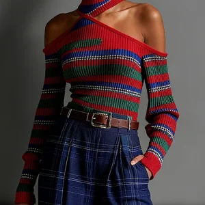 Urban Color Block Hollow Out Halter Sweater, Pullovers, color:Red|size:XXL, Stylewe