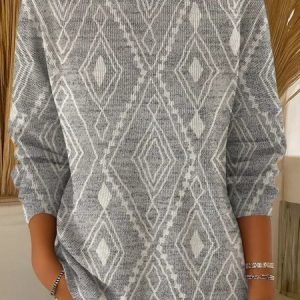 Geometric Casual Loose Crew Neck Knit Top, Sweaters, color:Color2|size:4XL, catalog Noracora shop