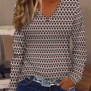 Women Abstract Long Sleeve Tee T-shirt V Neck Printing Casual Spring/Fall Graphic Tee Top, JustFashionNow T-Shirts, color:As Picture|size:XXL