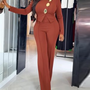 Golden Button Decor Long Sleeve Seam Front Overalls Casual Zipper Back Faux Two-Piece Commuting Jumpsuit, women Jumpsuits, ChicMe catalog