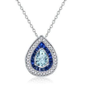 necklaces - Italo Double Halo Pear Cut Blue Sapphire Aquamarine Necklace For Women, Italo jewelry - Online Catalog