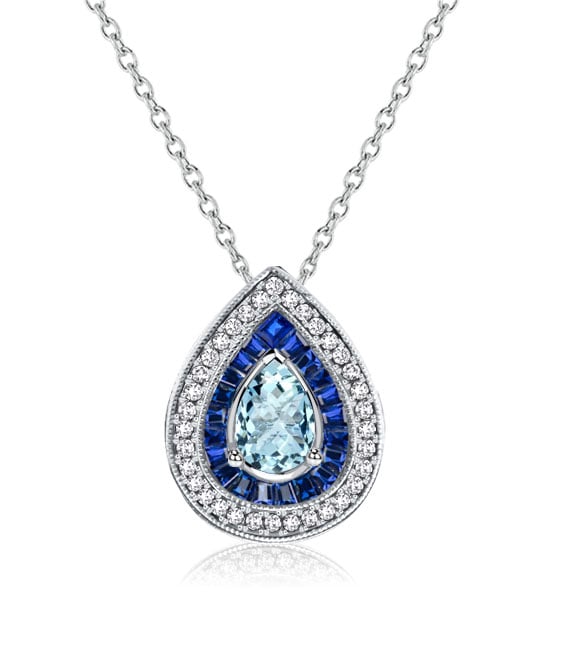 necklaces - Italo Double Halo Pear Cut Blue Sapphire Aquamarine Necklace For Women, Italo jewelry - Online Catalog