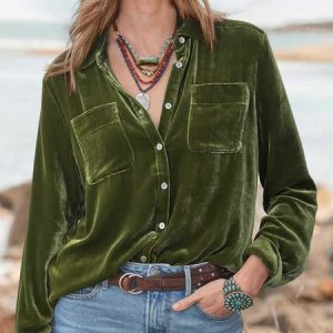 Women Plain Half Sleeve Shirt Summer Split Joint Shawl Collar Daily Vintage Top, JustFashionNow Blouses, color:Army Green|size:XXL,