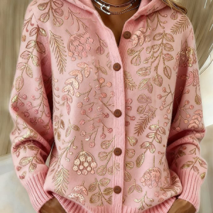 Women Wool/Knitting Botanical Pattern Long Sleeve Comfy Casual Cardigan, Cardigans, color:Pink|size:4XL, catalog Noracora shop