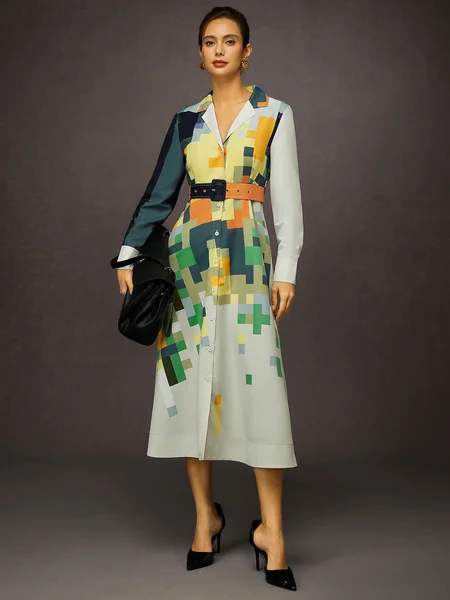 Cotton Printed Shirt Dress - Versatile Urban Style for Daily Wear, Midi Dresses, color:As Picture|size:XXL, Stylewe