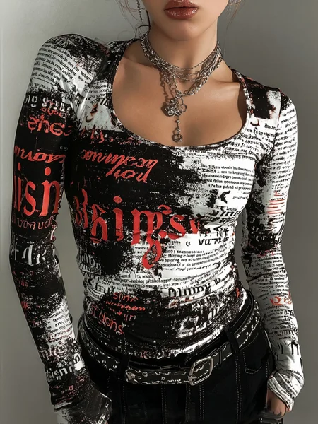 Urban Letter Pattern Printing Turtleneck T-shirt, Tees, color:Red|size:XXL, Stylewe