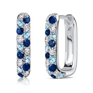 earrings - Italo Rectangle Micro Pave Blue Sapphire Aquamarine Hoop Earrings For Women, Italo jewelry - Online Catalog