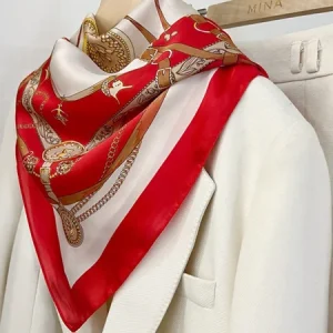 Elegant Geometric Silk Scarf, Scarves, color:White-Red|size:One-size, Stylewe