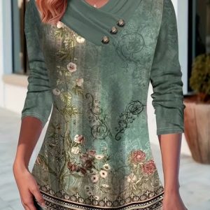 Casual Floral Long Sleeve T-shirt, T-shirts, color:Green|size:4XL, catalog Noracora shop